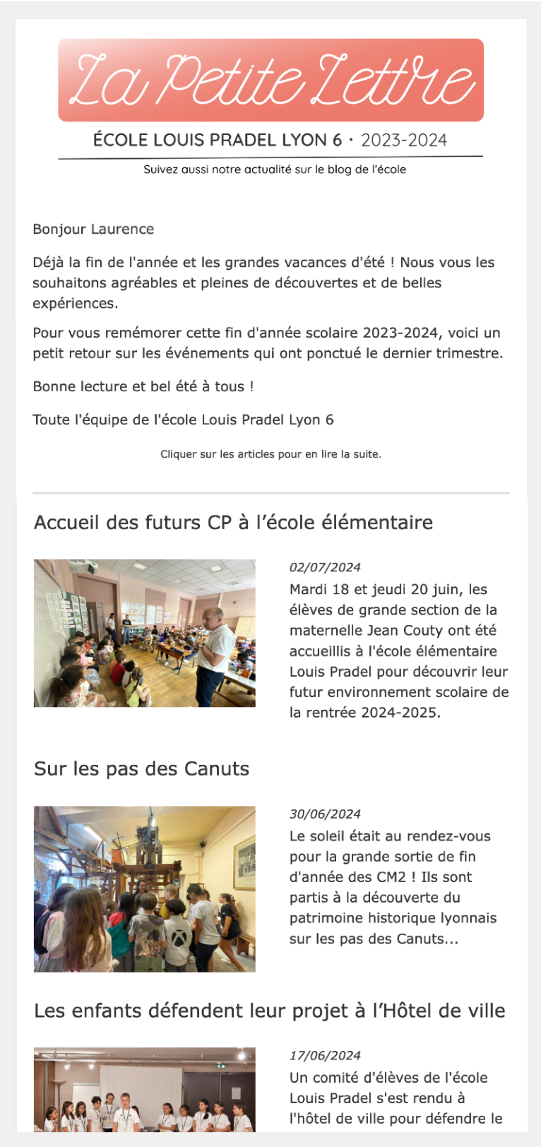 LaPetiteLettre - newsletter de l'école Louis Pradel Lyon 6