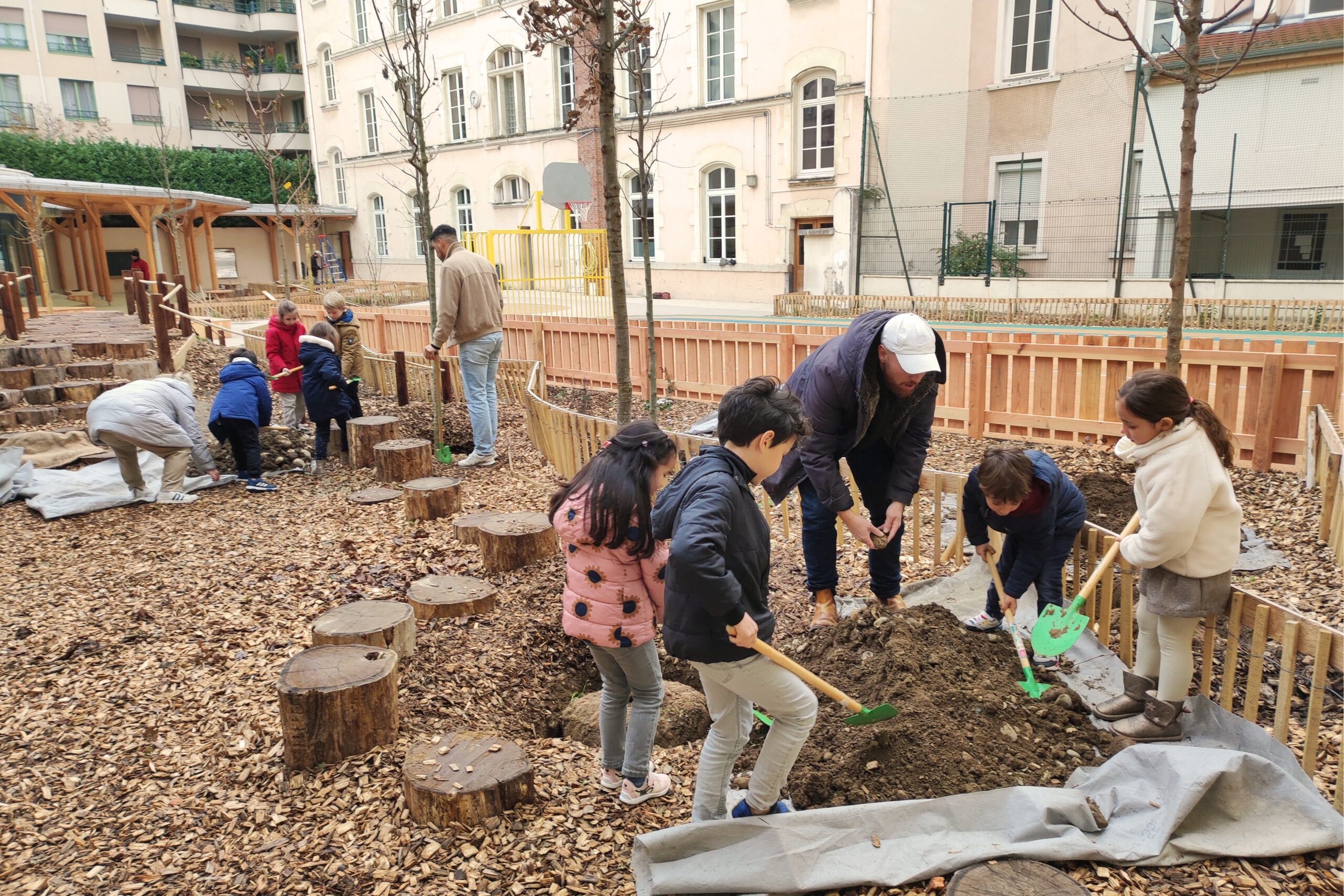 Les élèves plantent les arbres de la nouvelle cour végétalisée